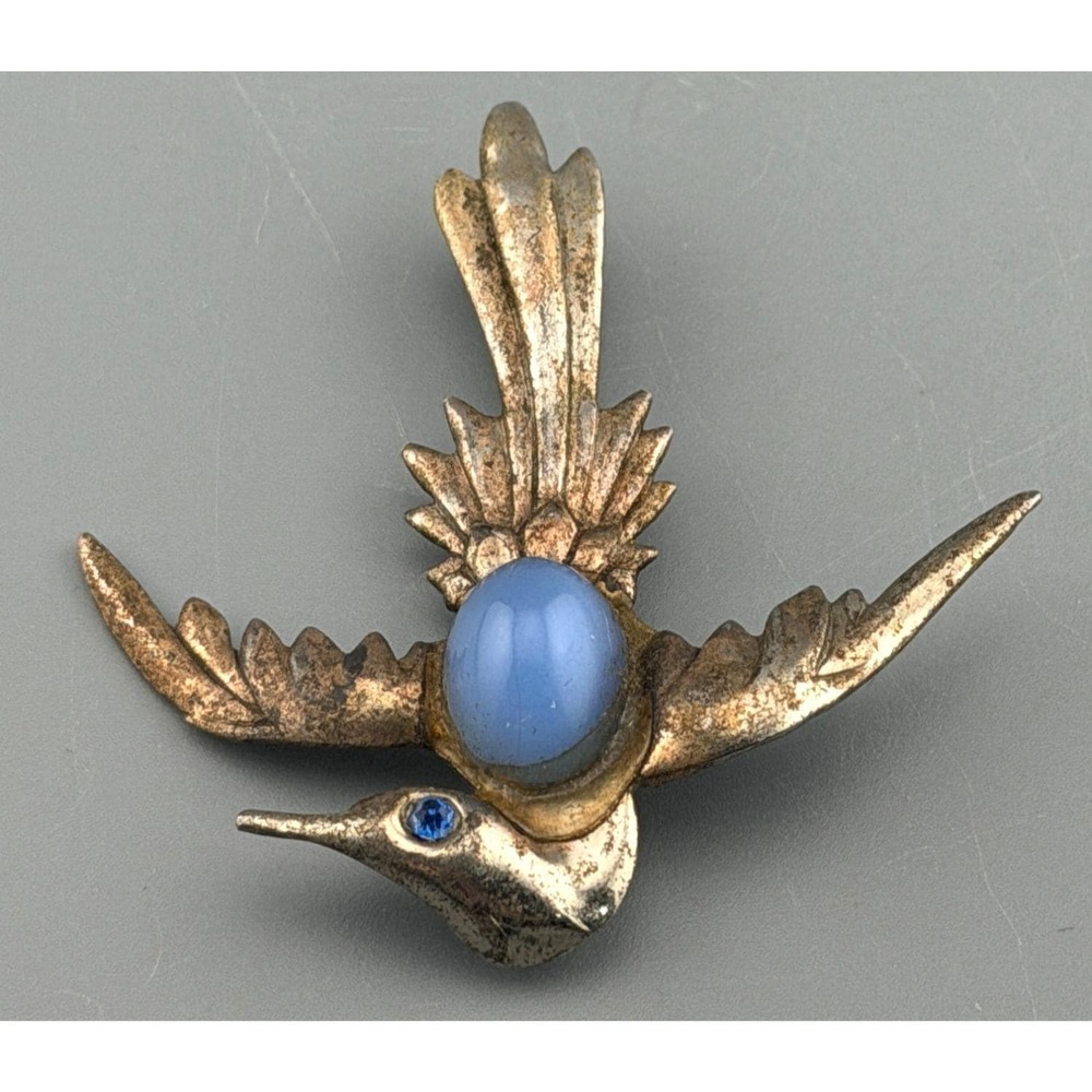 Vintage Bird Brooch Art Deco Sterling Silver Blue Glass Cabochon Belly 2"